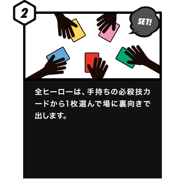 [2]全ヒーローは、手持ちの必殺技カードから1枚選んで場に裏向きで出します。